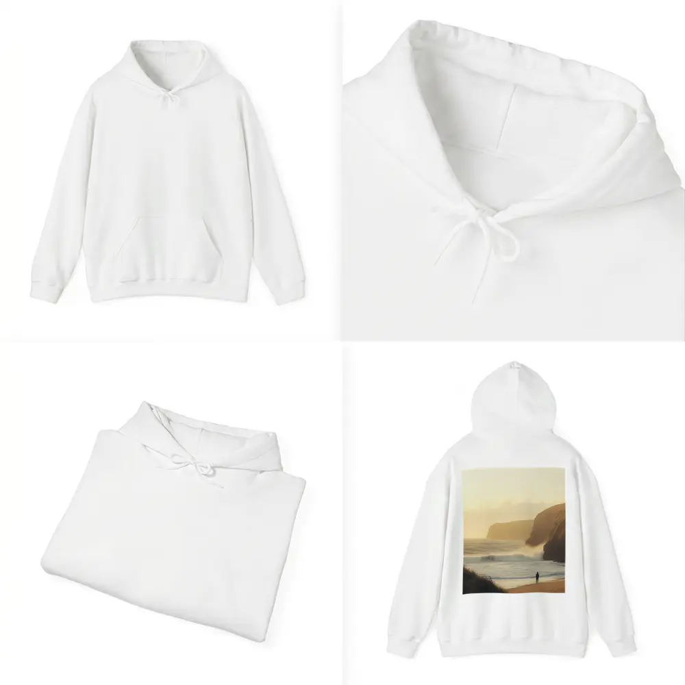 Lone Figure Standing on Golden Coastal Beach – Hoodies