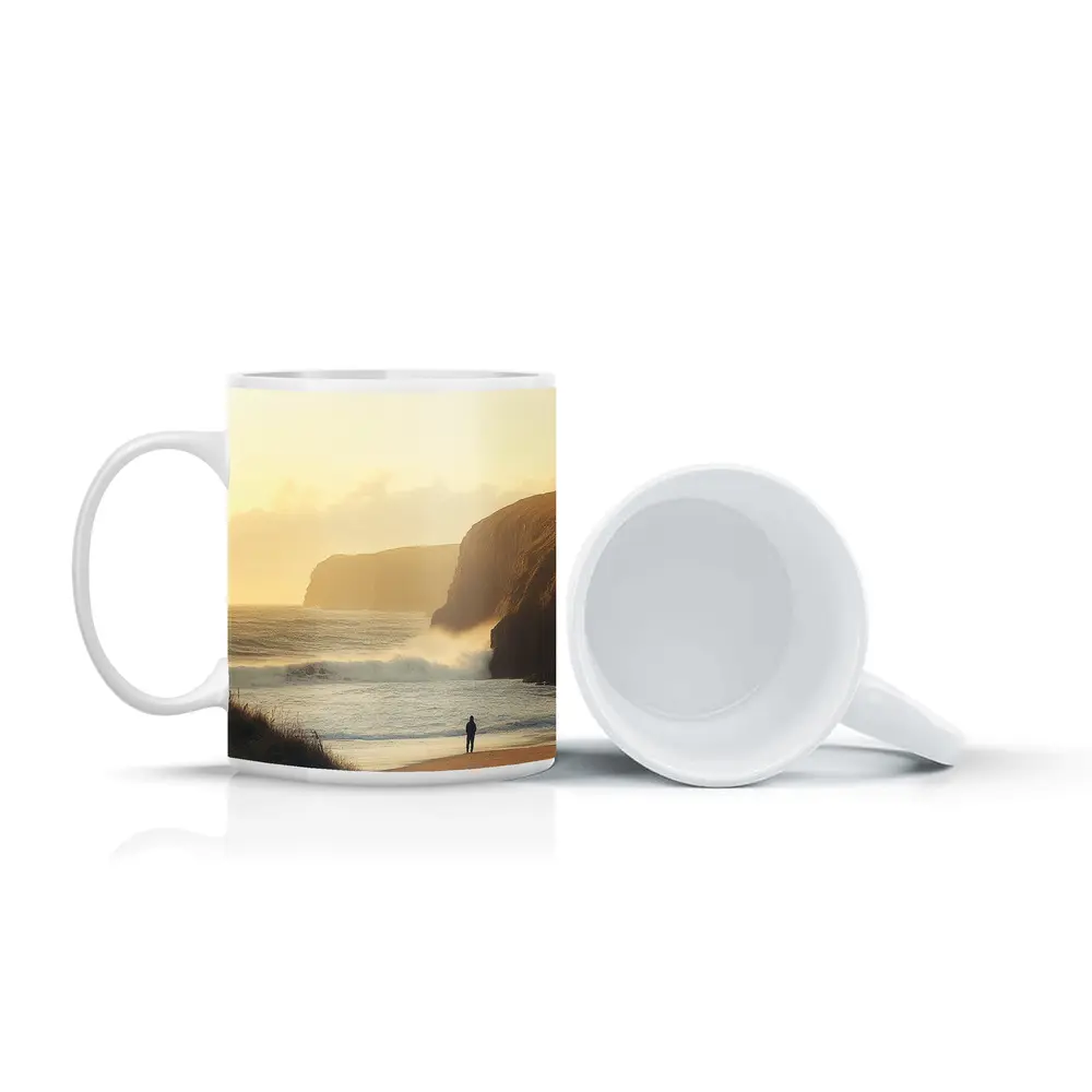 Lone Figure Standing on Golden Coastal Beach – Mugs
