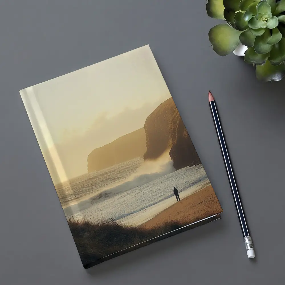 Lone Figure Standing on Golden Coastal Beach – Notebooks
