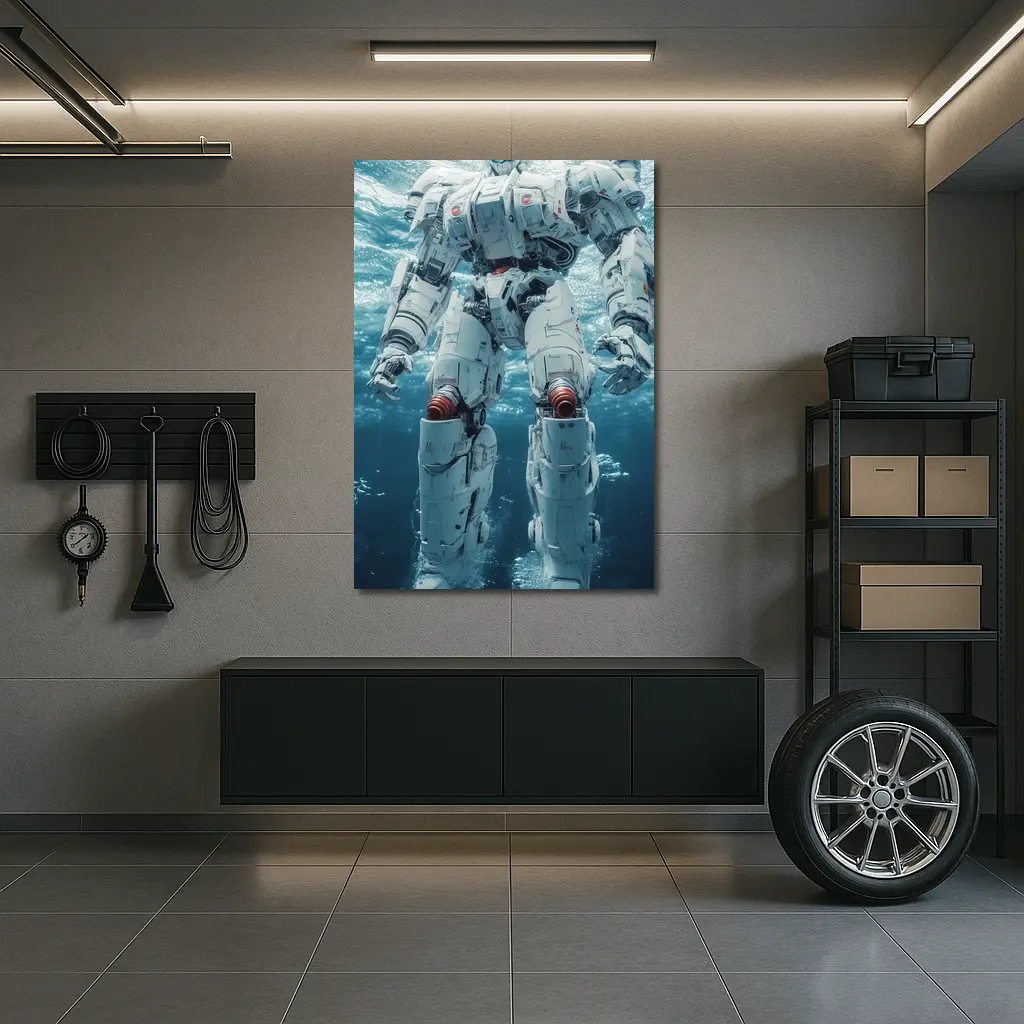 White Mech Robot Standing Underwater Ocean – Wall Art
