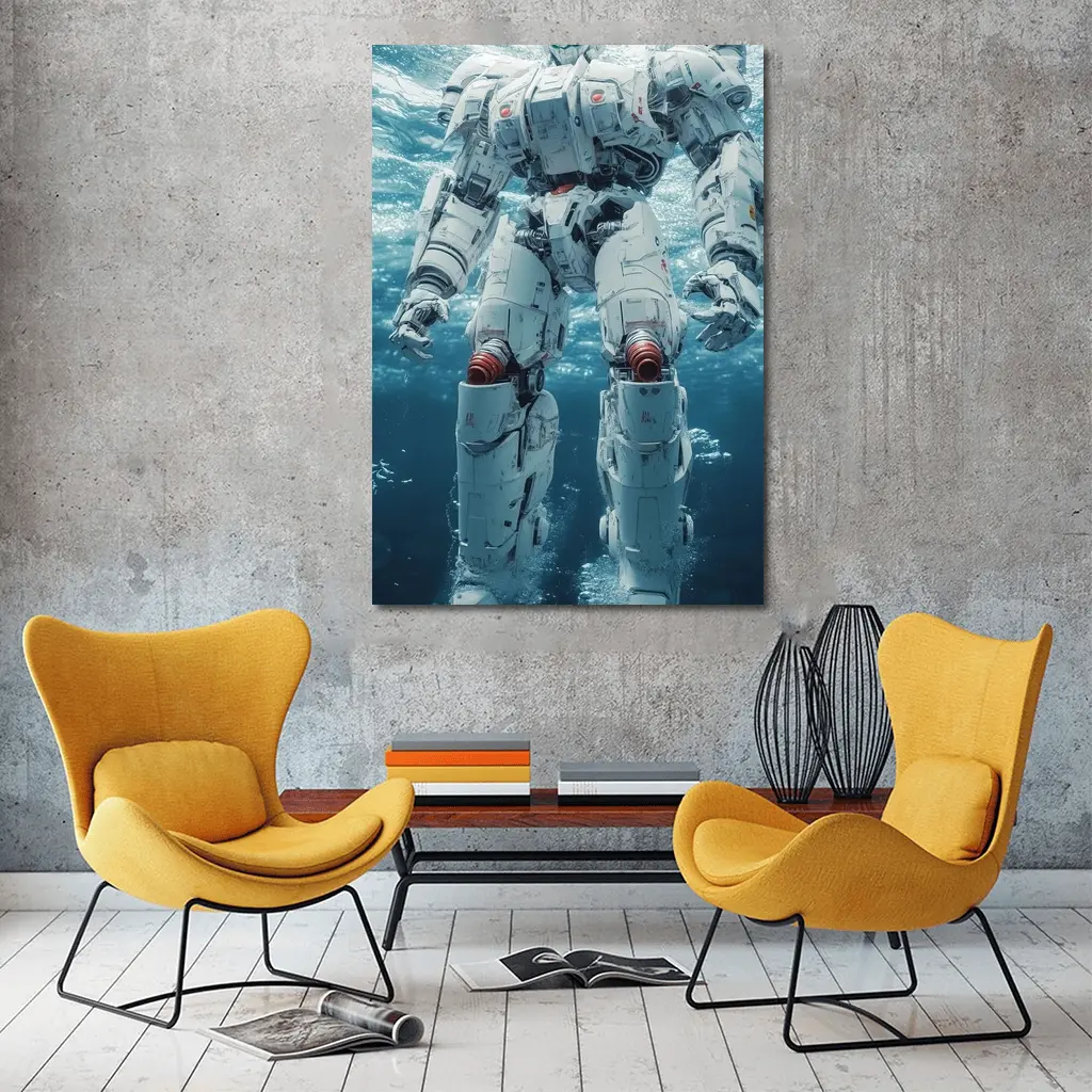 White Mech Robot Standing Underwater Ocean – Wall Art