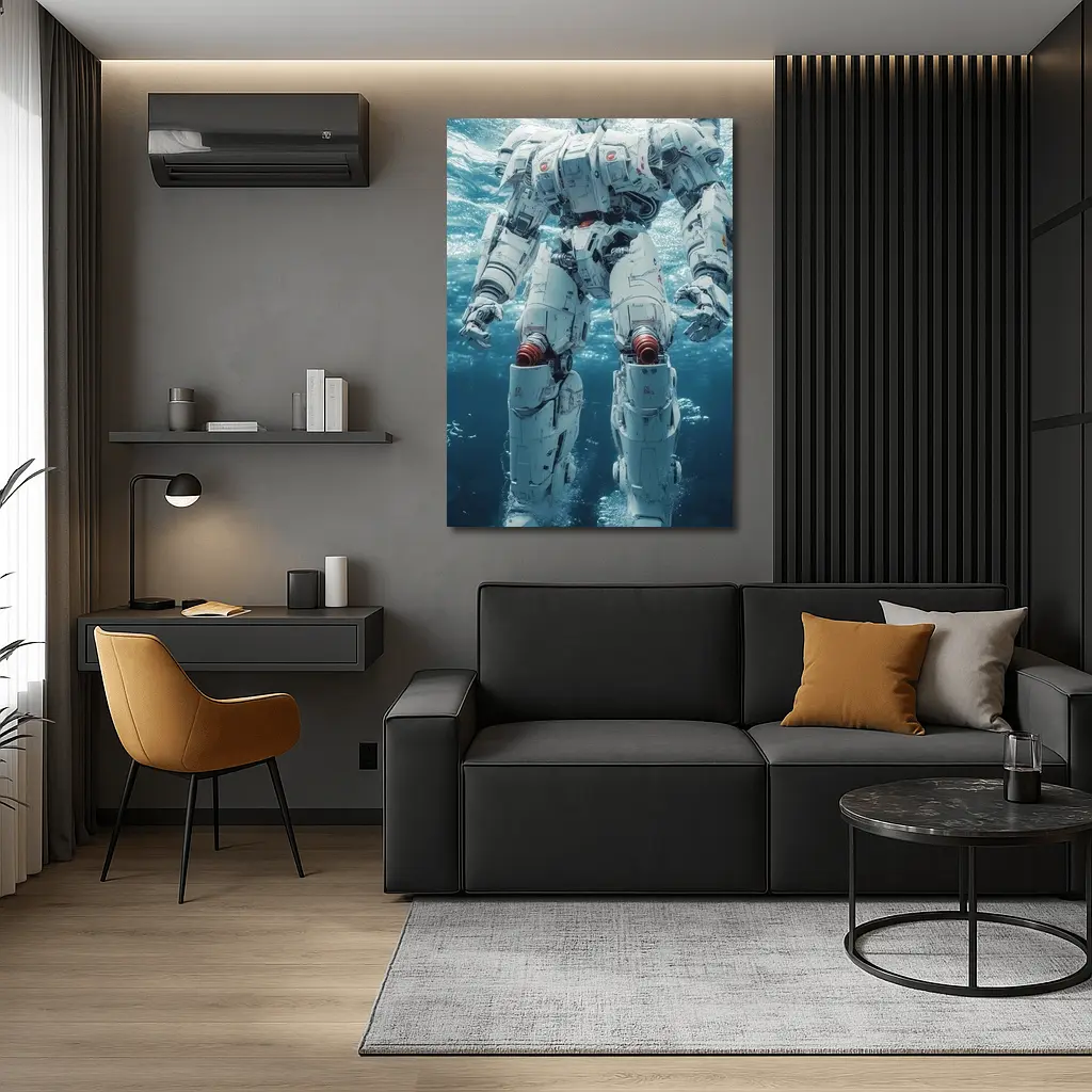 White Mech Robot Standing Underwater Ocean – Wall Art