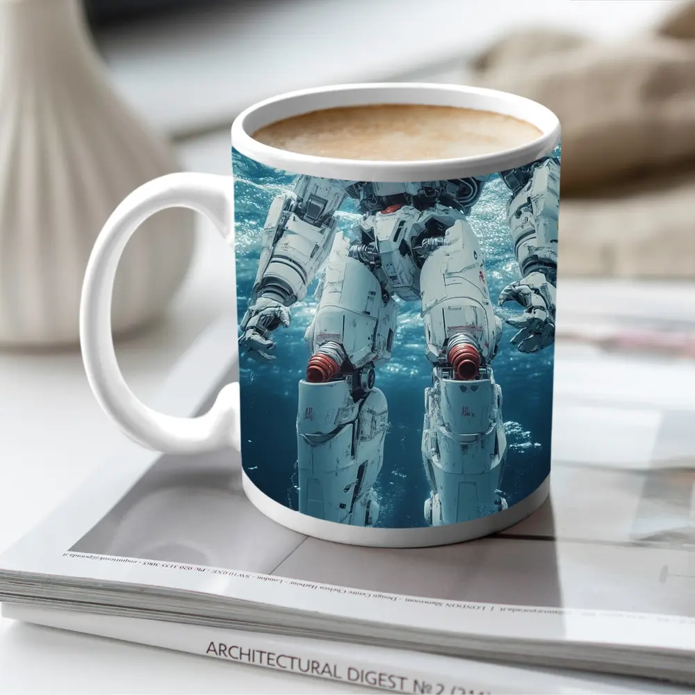White Mech Robot Standing Underwater Ocean – Mugs