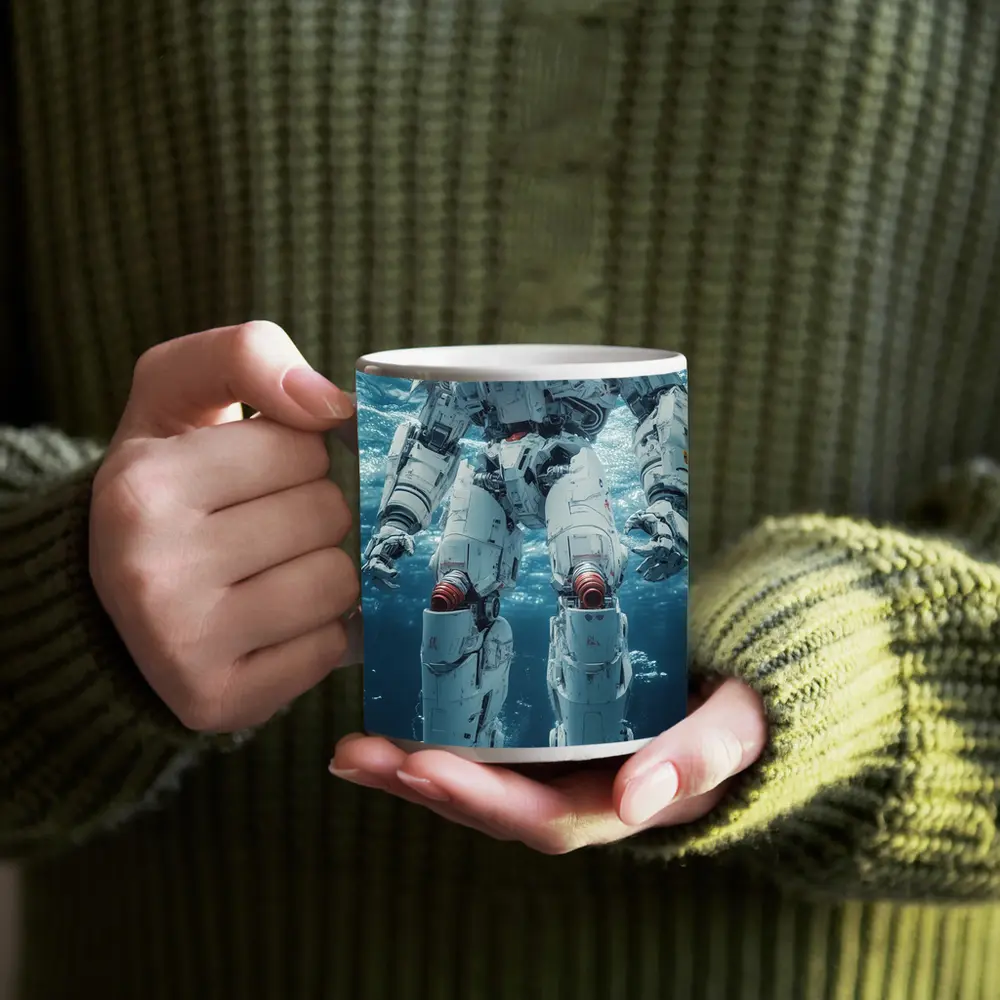 White Mech Robot Standing Underwater Ocean – Mugs