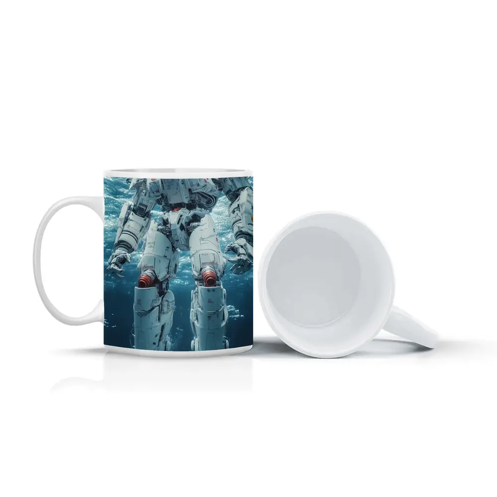 White Mech Robot Standing Underwater Ocean – Mugs