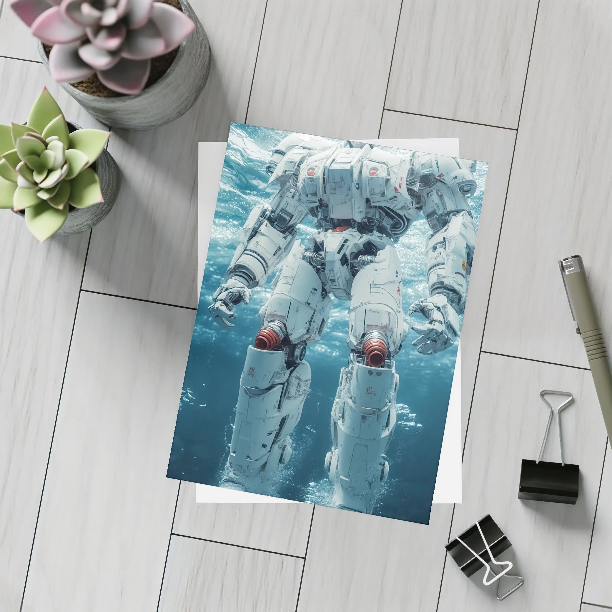 White Mech Robot Standing Underwater Ocean – Postcards