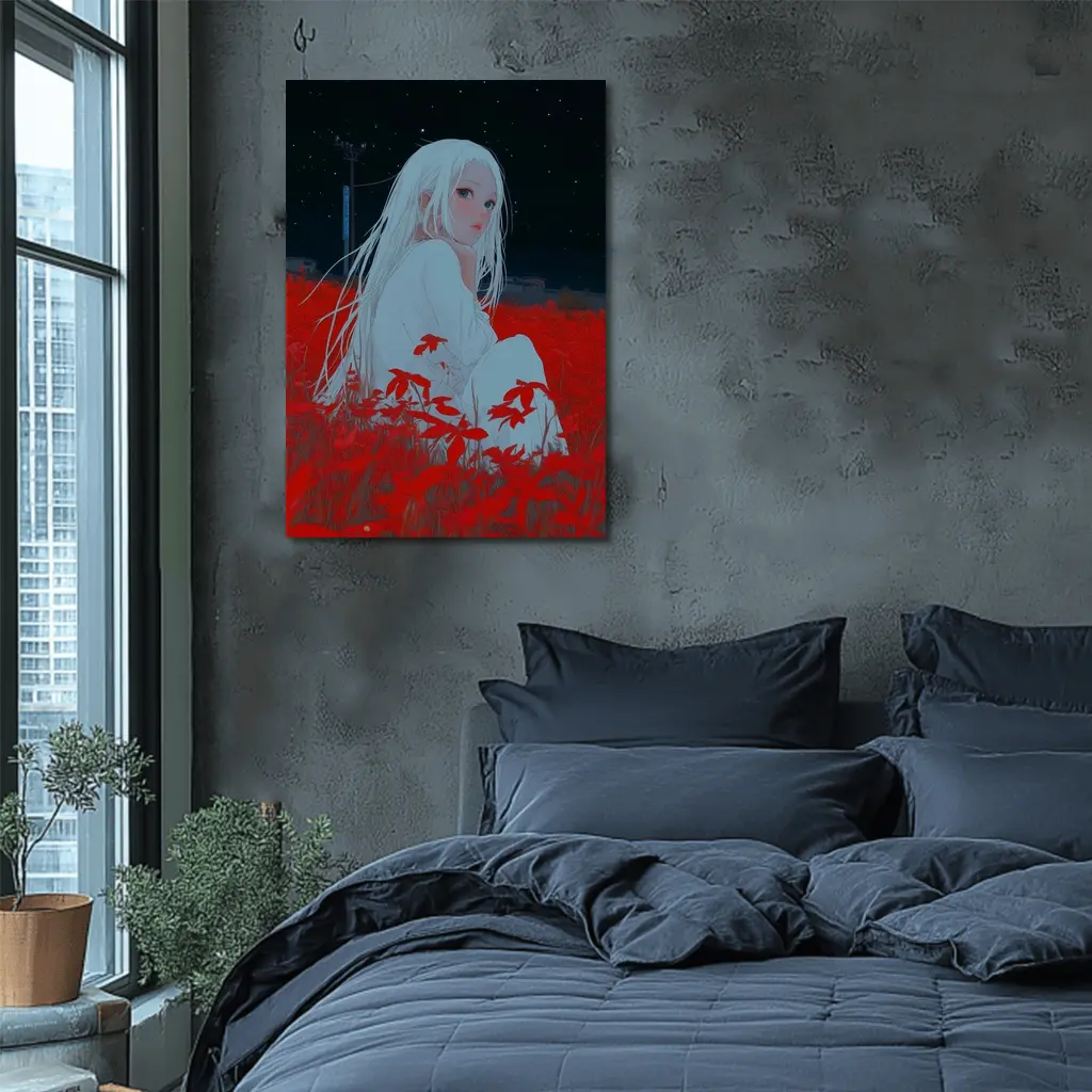 Anime Girl Sitting In Red Flower Field – Wall Art