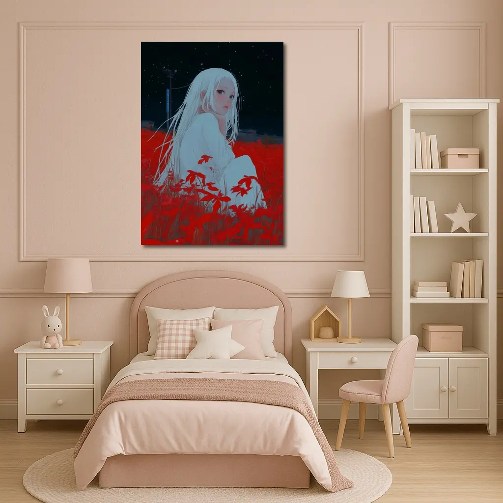 Anime Girl Sitting In Red Flower Field – Wall Art