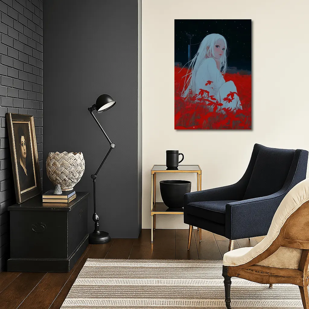 Anime Girl Sitting In Red Flower Field – Wall Art