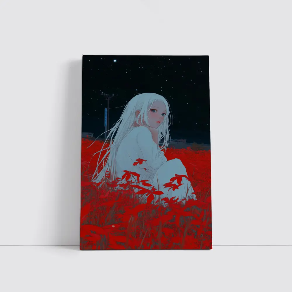 Anime Girl Sitting In Red Flower Field – Wall Art