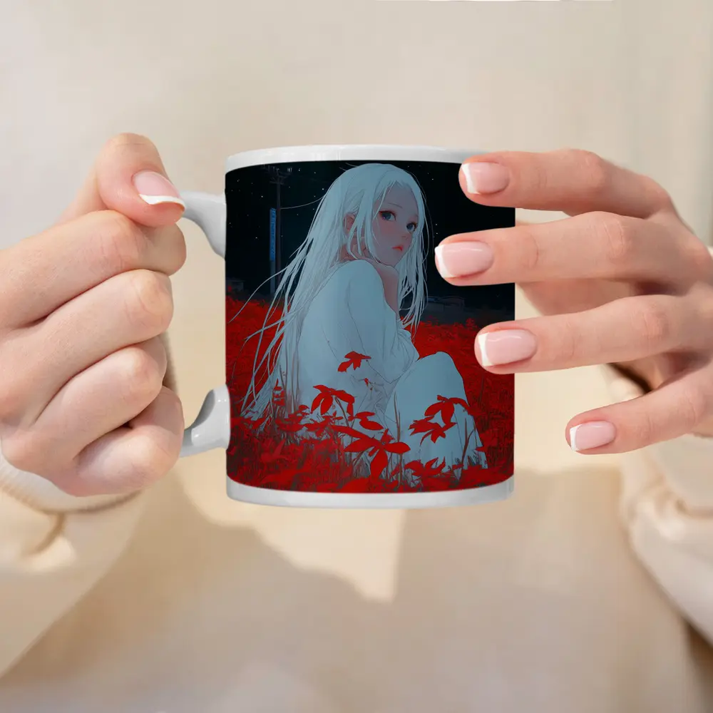 Anime Girl Sitting In Red Flower Field – Mugs