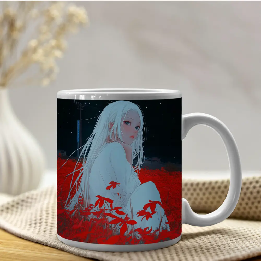Anime Girl Sitting In Red Flower Field – Mugs