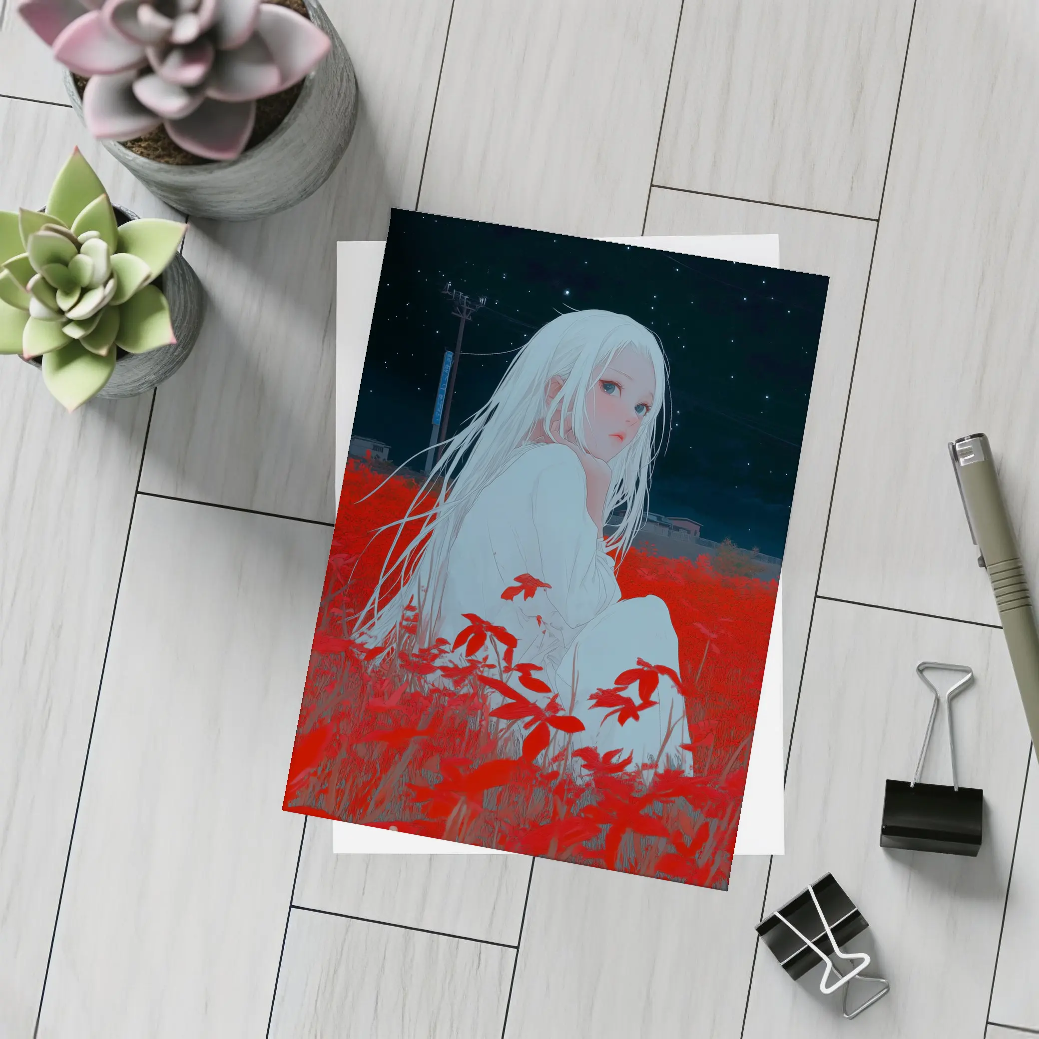 Anime Girl Sitting In Red Flower Field – Postcards