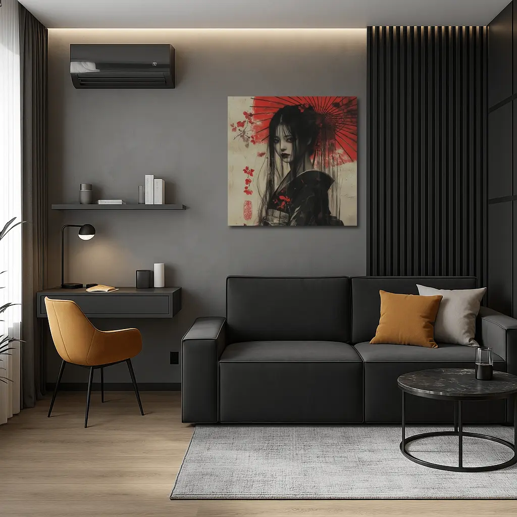 Dark Geisha Red Umbrella Japanese Art – Wall Art