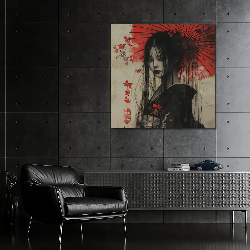 Dark Geisha Red Umbrella Japanese Art – Wall Art