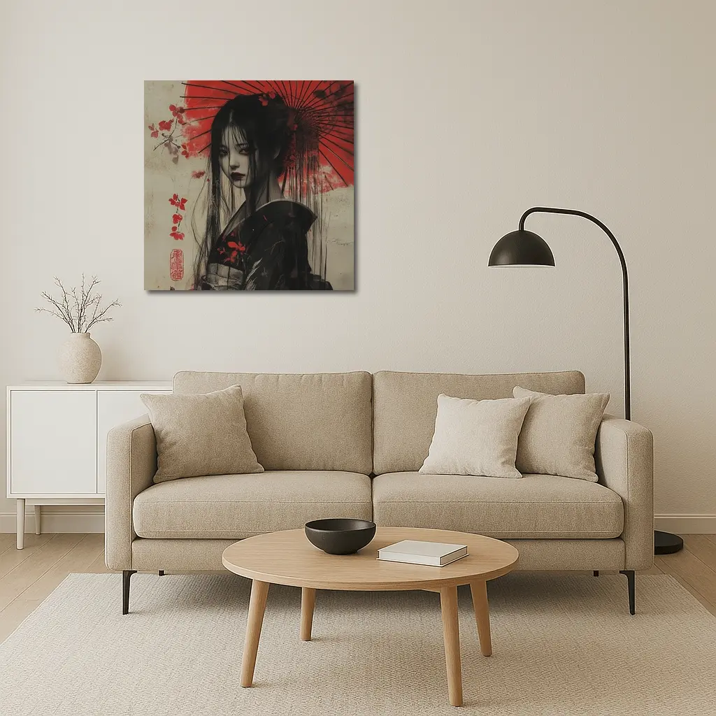Dark Geisha Red Umbrella Japanese Art – Wall Art