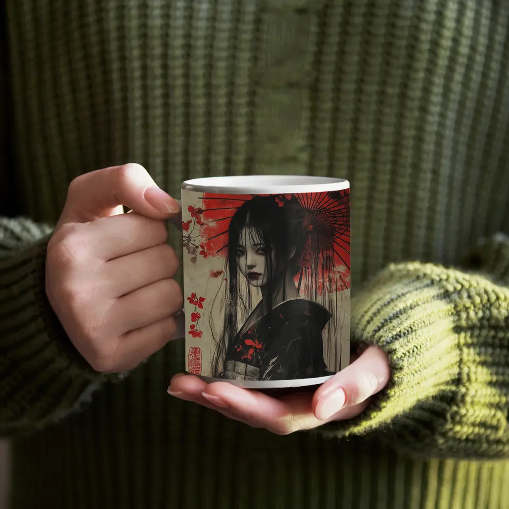 Dark Geisha Red Umbrella Japanese Art – Mugs