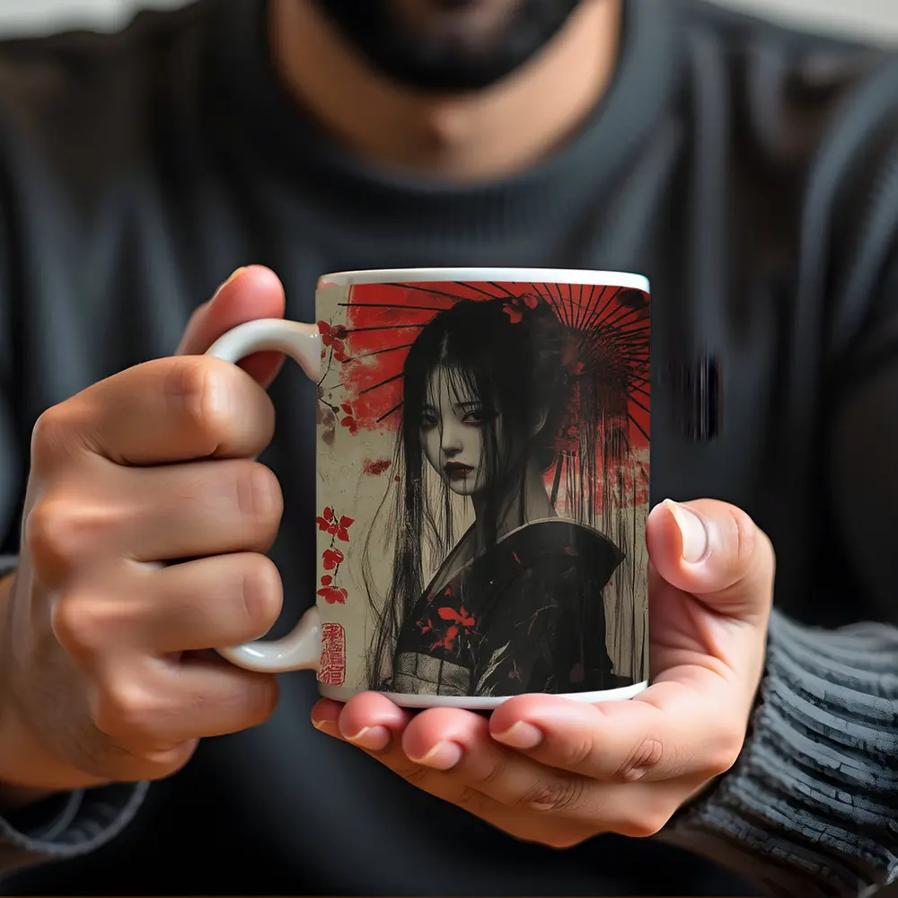 Dark Geisha Red Umbrella Japanese Art – Mugs