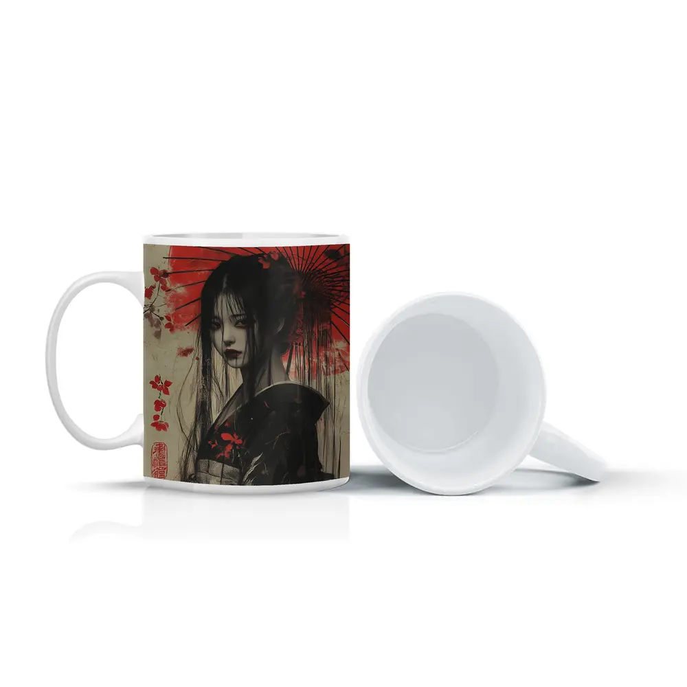 Dark Geisha Red Umbrella Japanese Art – Mugs