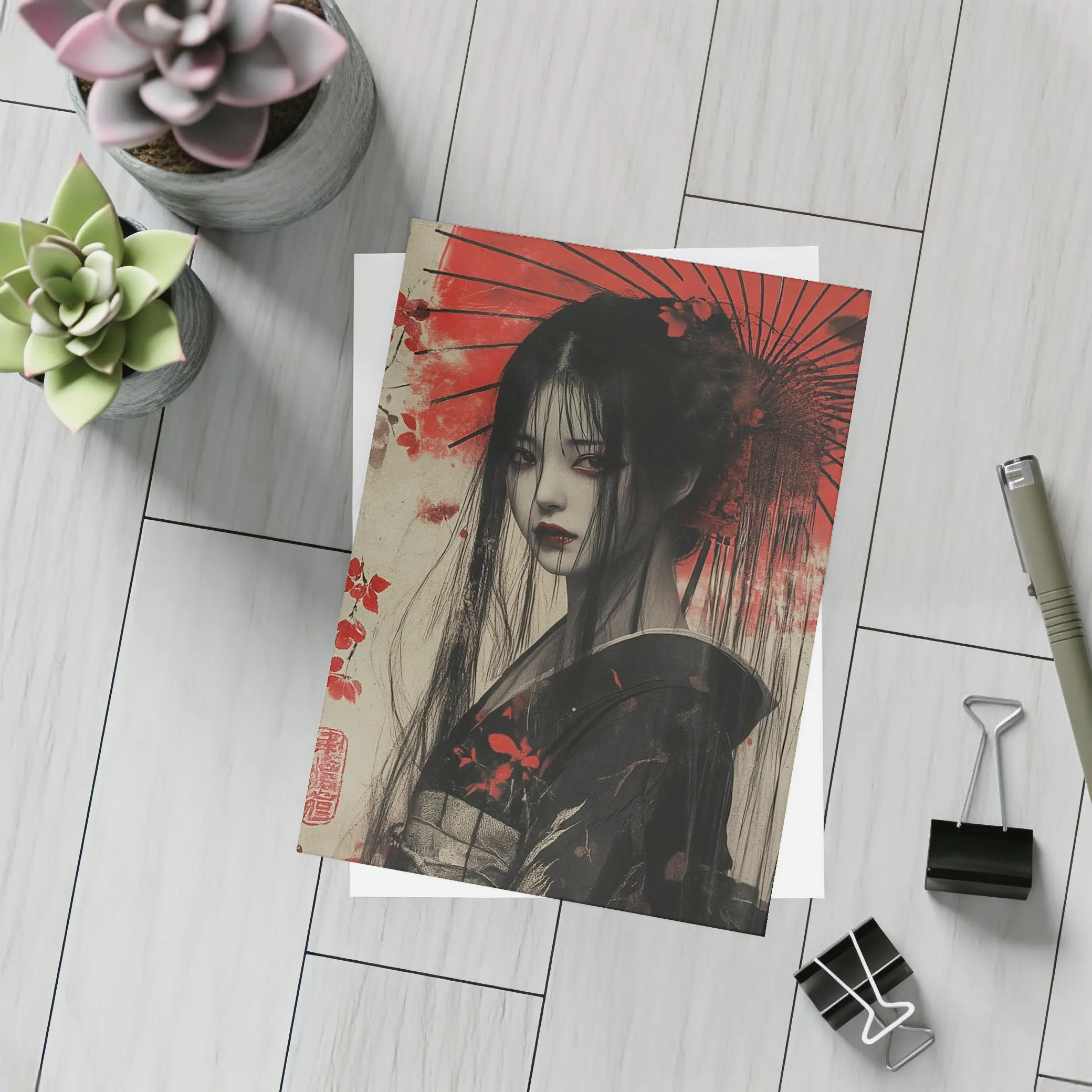 Dark Geisha Red Umbrella Japanese Art – Postcards