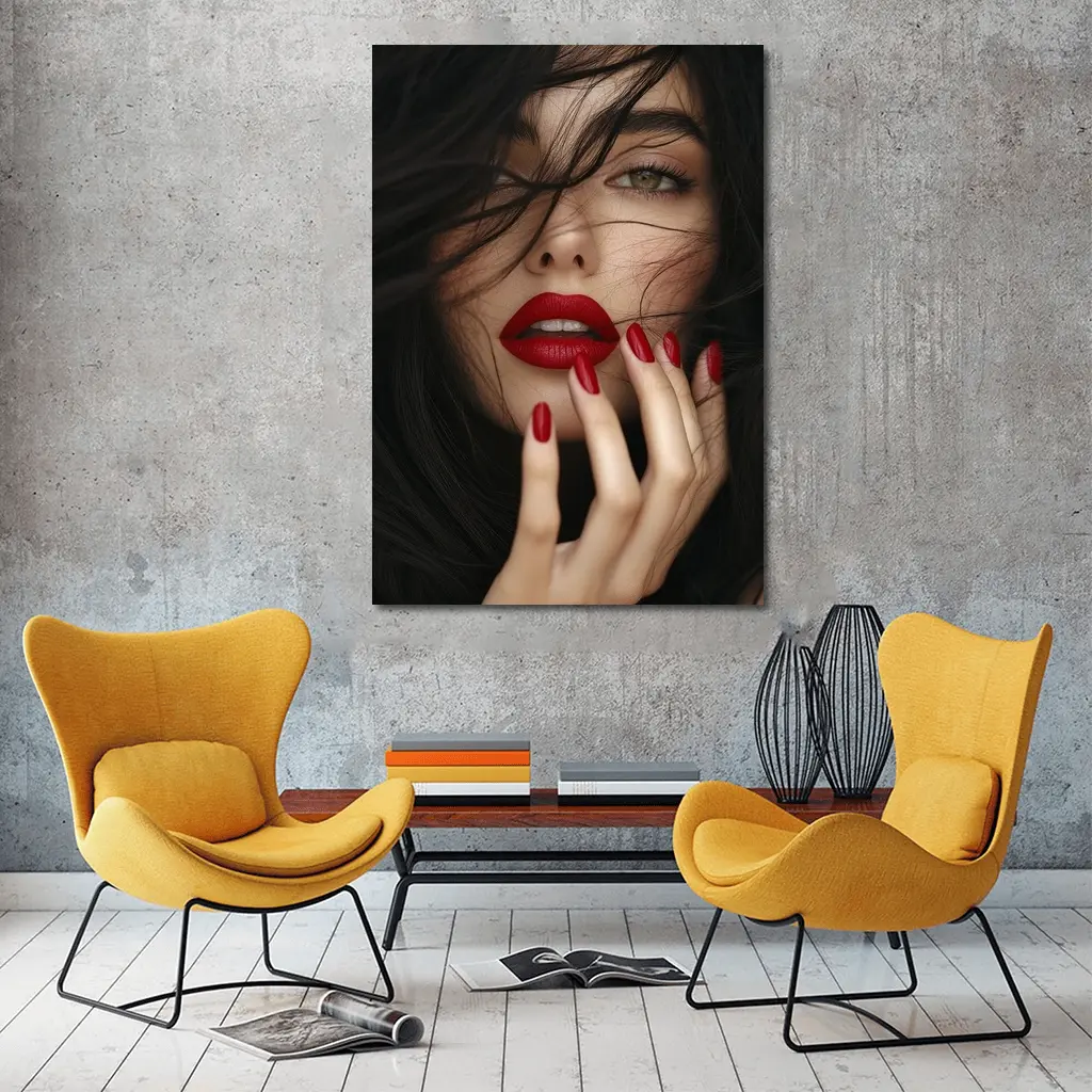 Dark Hair Woman Red Lips Portrait – Wall Art