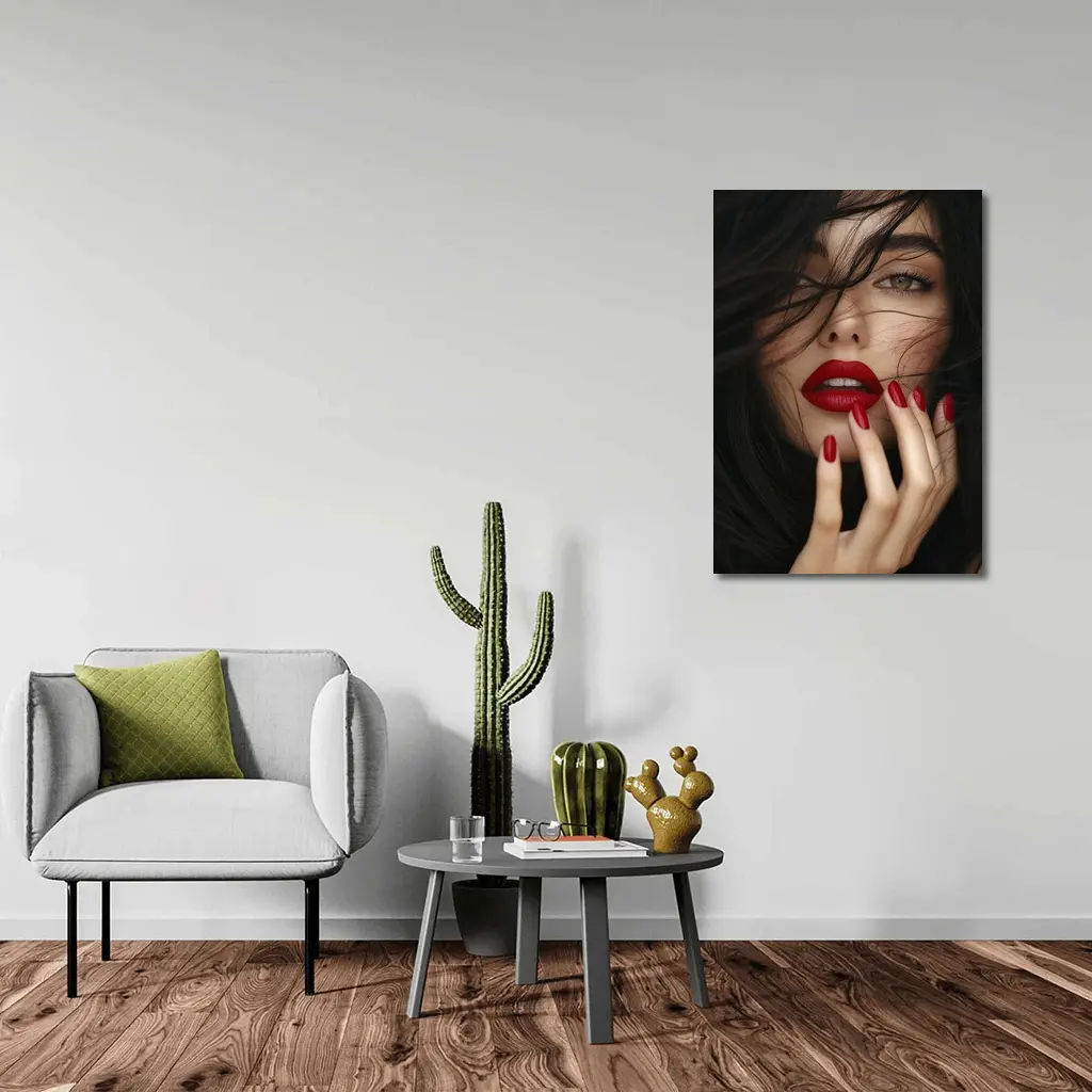 Dark Hair Woman Red Lips Portrait – Wall Art