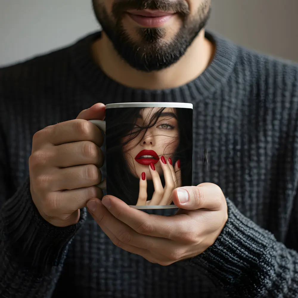 Dark Hair Woman Red Lips Portrait – Mugs