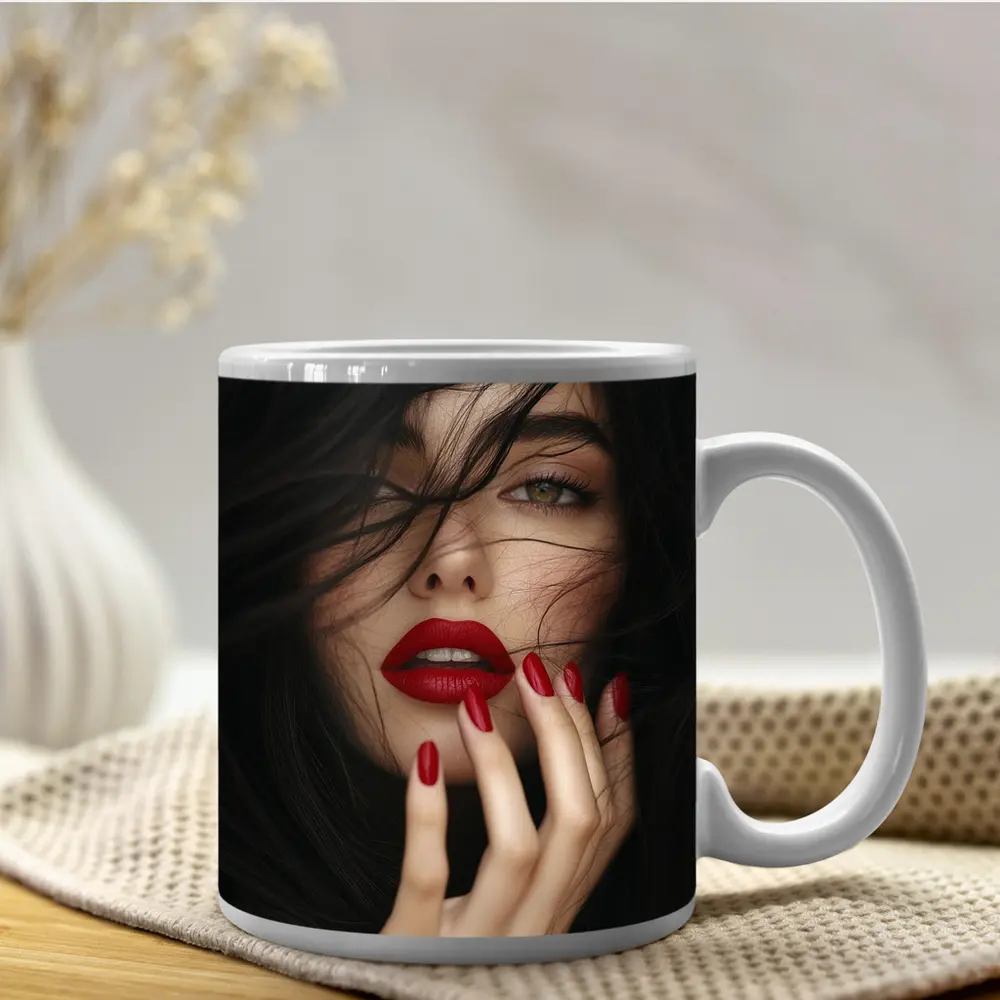 Dark Hair Woman Red Lips Portrait – Mugs