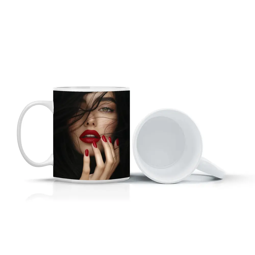 Dark Hair Woman Red Lips Portrait – Mugs