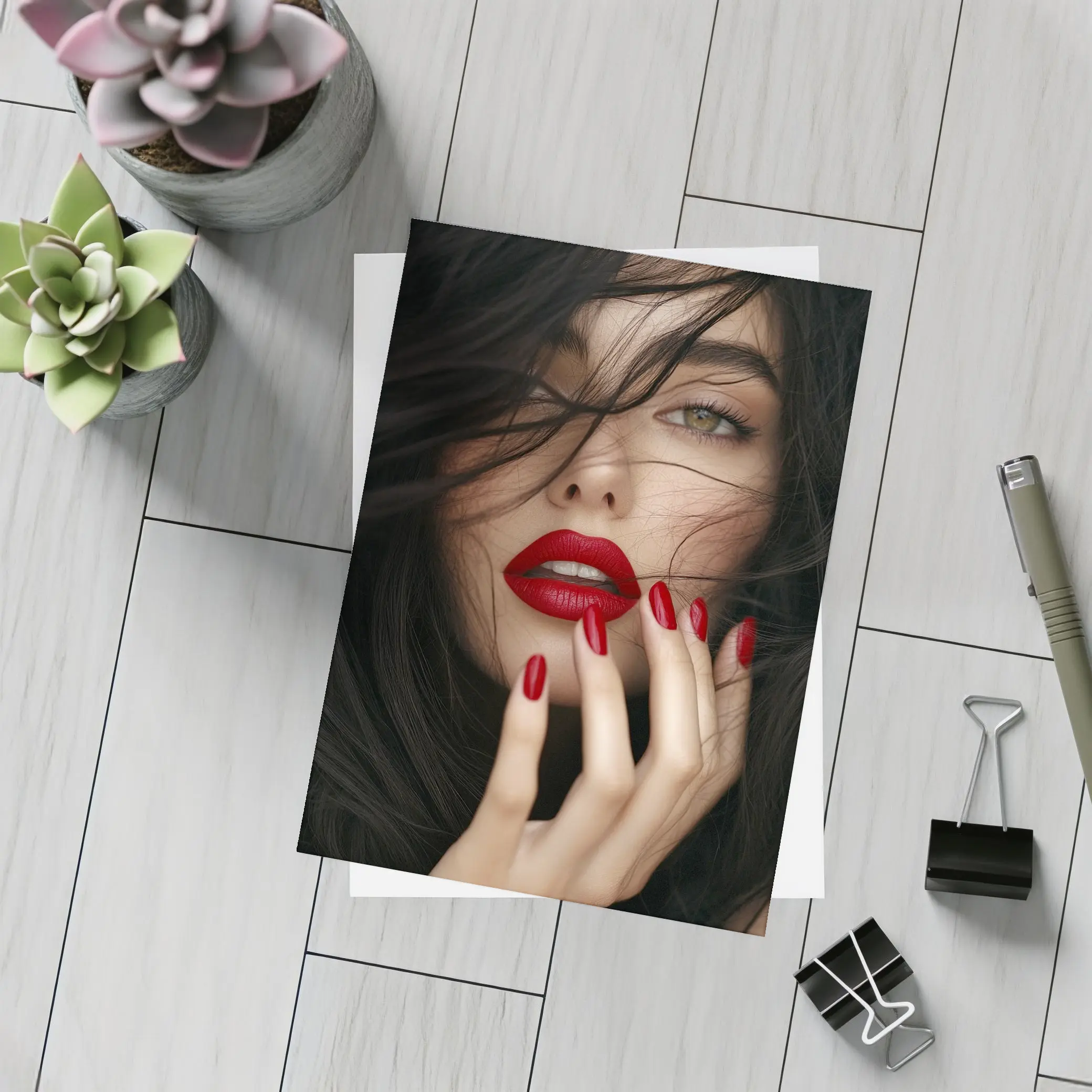 Dark Hair Woman Red Lips Portrait – Postcards