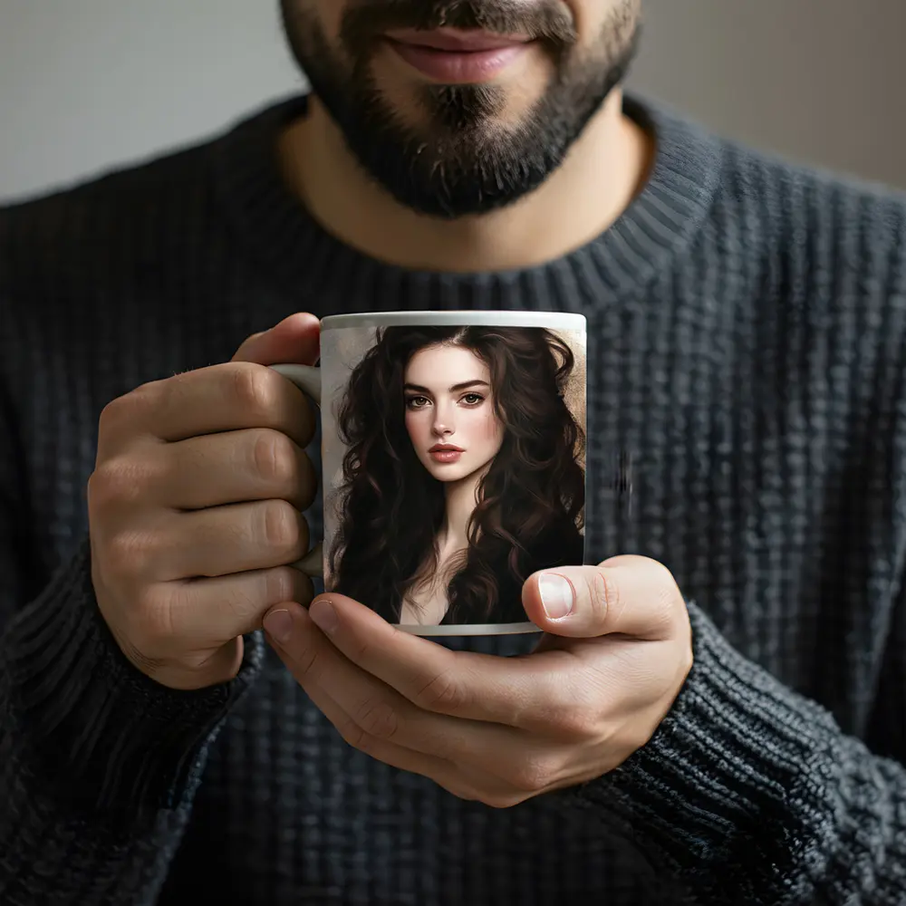 Dark Hair Woman Portrait Digital Art Painting – Mugs