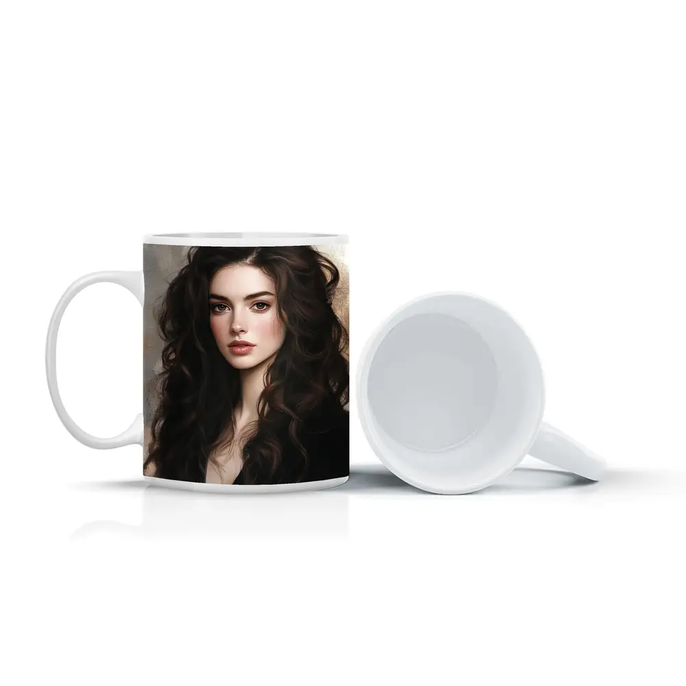 Dark Hair Woman Portrait Digital Art Painting – Mugs