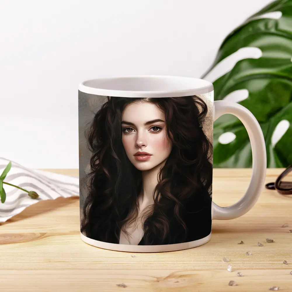 Dark Hair Woman Portrait Digital Art Painting – Mugs