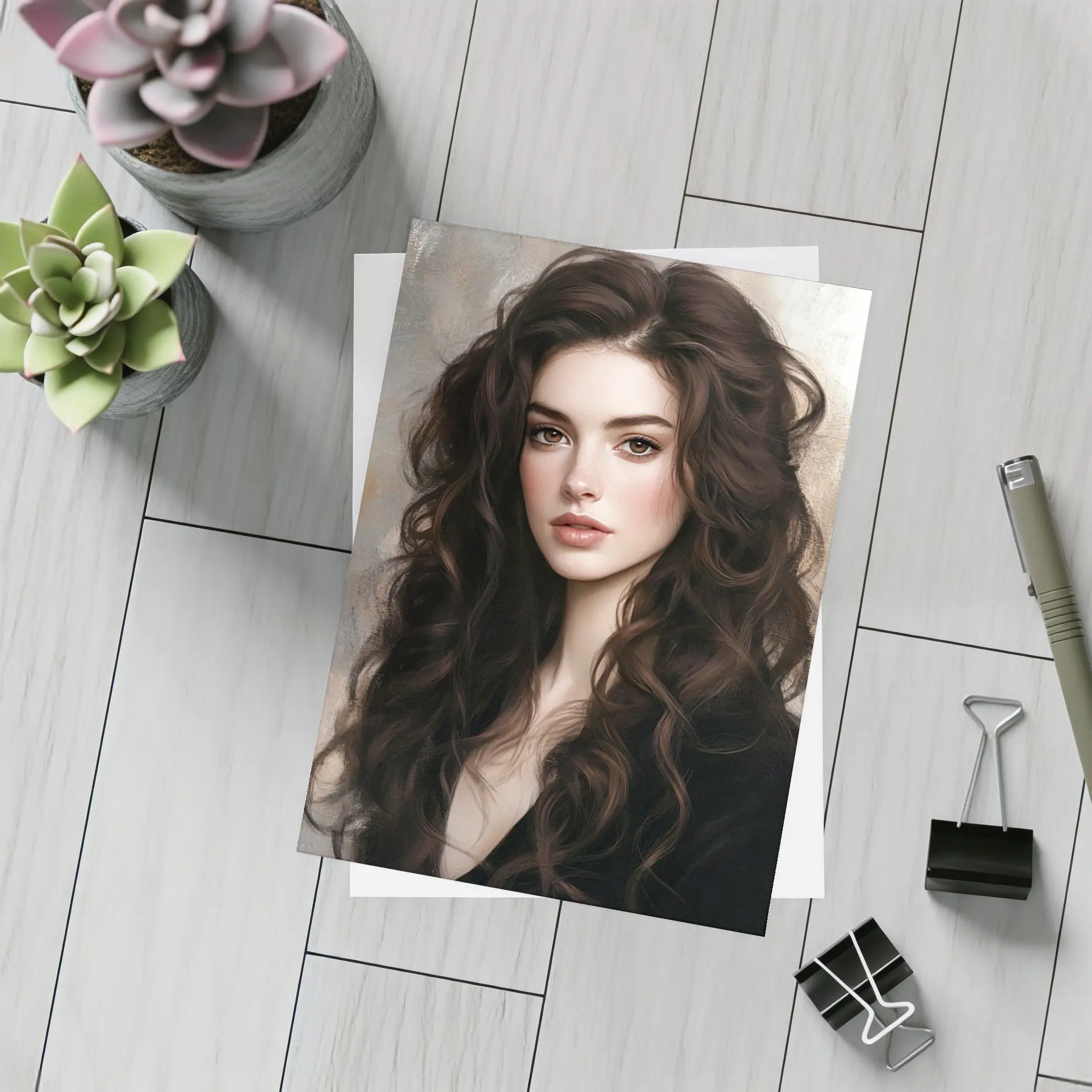 Dark Hair Woman Portrait Digital Art Painting – Postcards