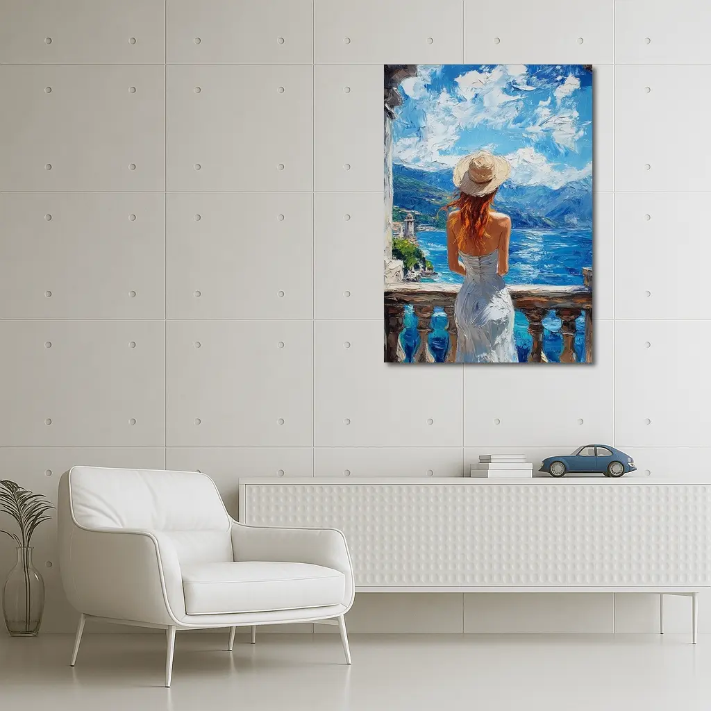 Woman On Balcony Mediterranean Sea Oil Painting – Wall Art