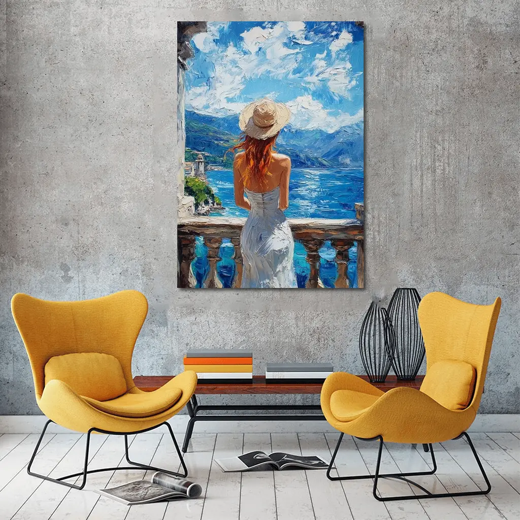 Woman On Balcony Mediterranean Sea Oil Painting – Wall Art