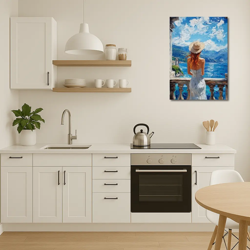 Woman On Balcony Mediterranean Sea Oil Painting – Wall Art
