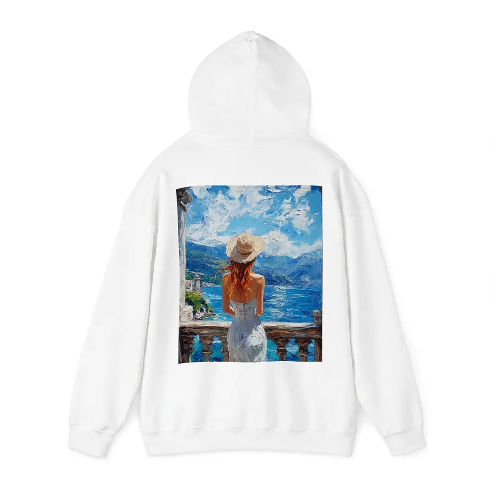Woman On Balcony Mediterranean Sea Oil Painting – Hoodies