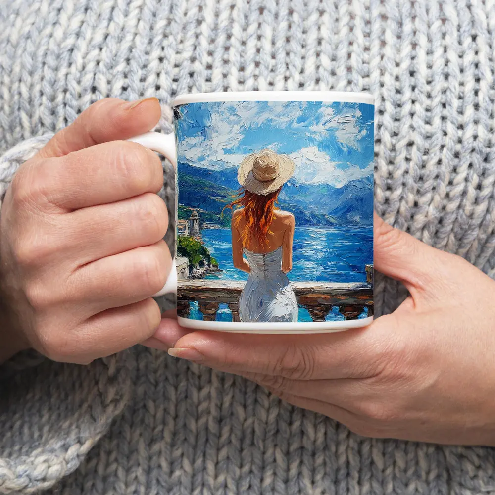Woman On Balcony Mediterranean Sea Oil Painting – Mugs
