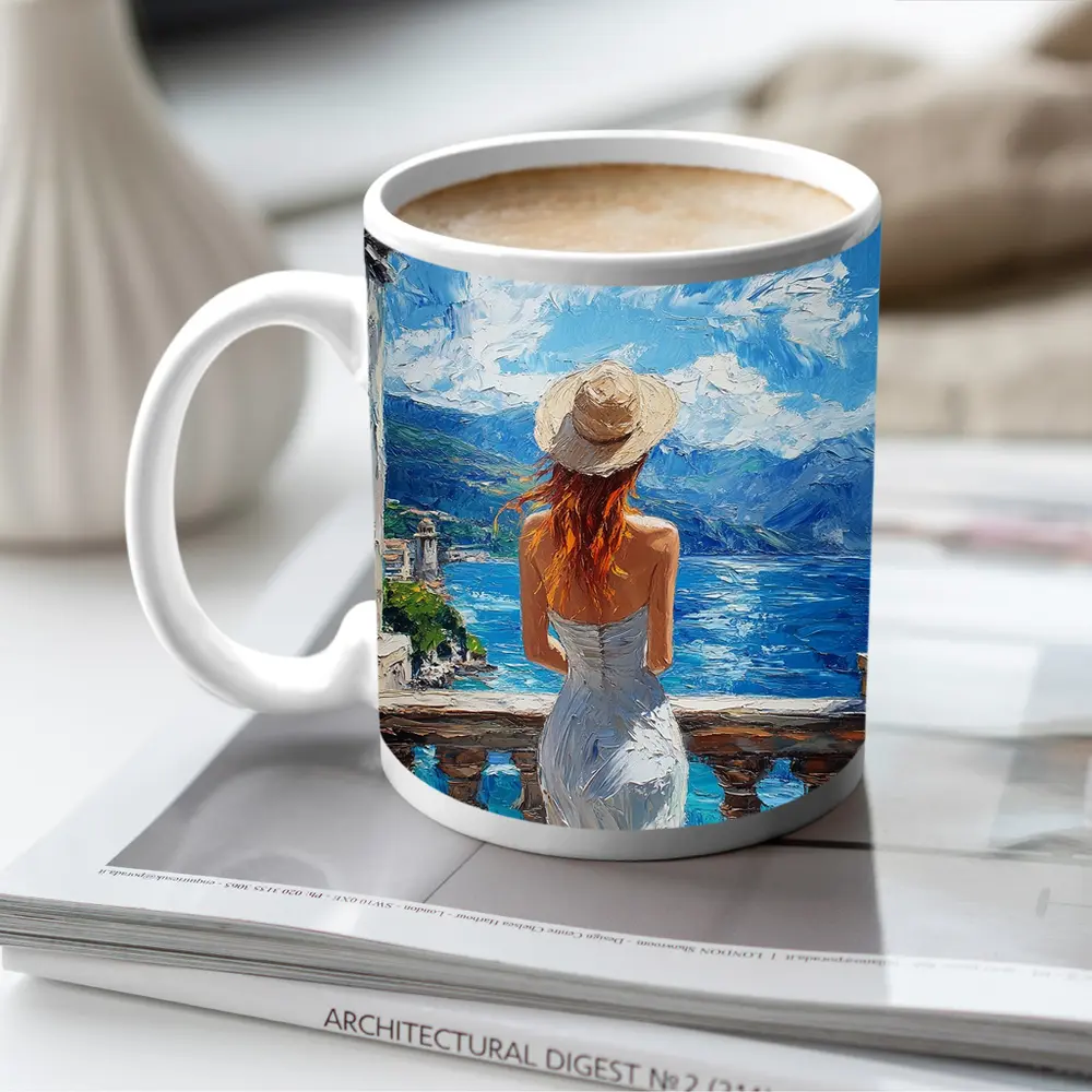 Woman On Balcony Mediterranean Sea Oil Painting – Mugs