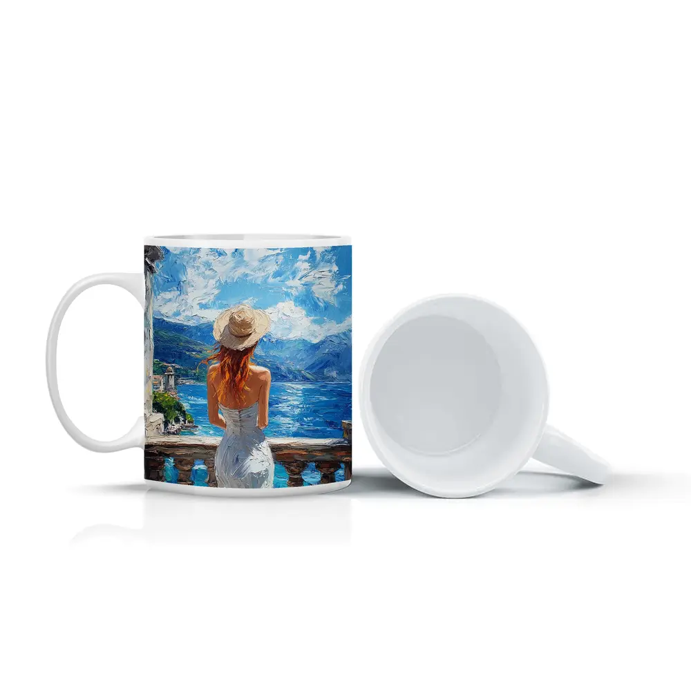 Woman On Balcony Mediterranean Sea Oil Painting – Mugs