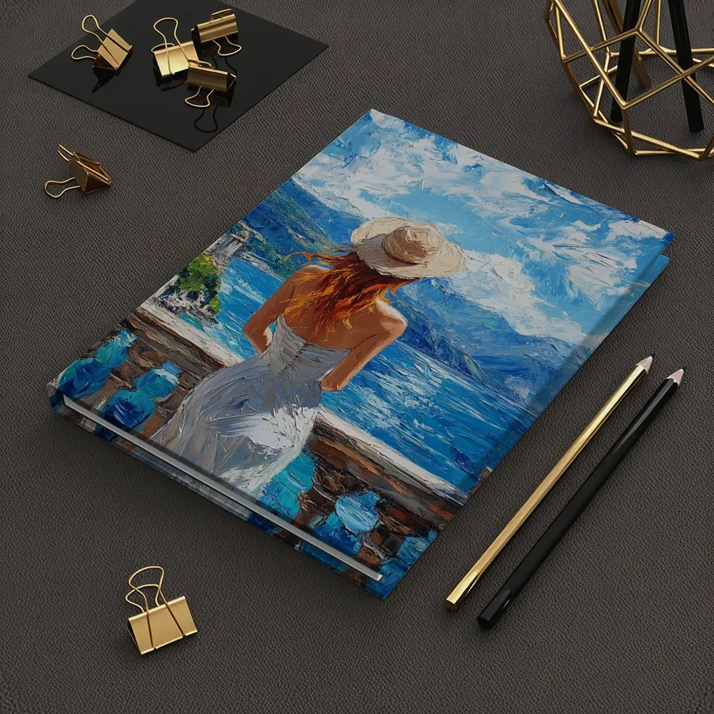 Woman On Balcony Mediterranean Sea Oil Painting – Notebooks