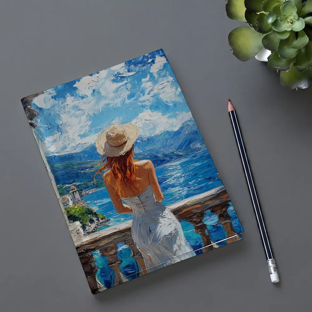 Woman On Balcony Mediterranean Sea Oil Painting – Notebooks