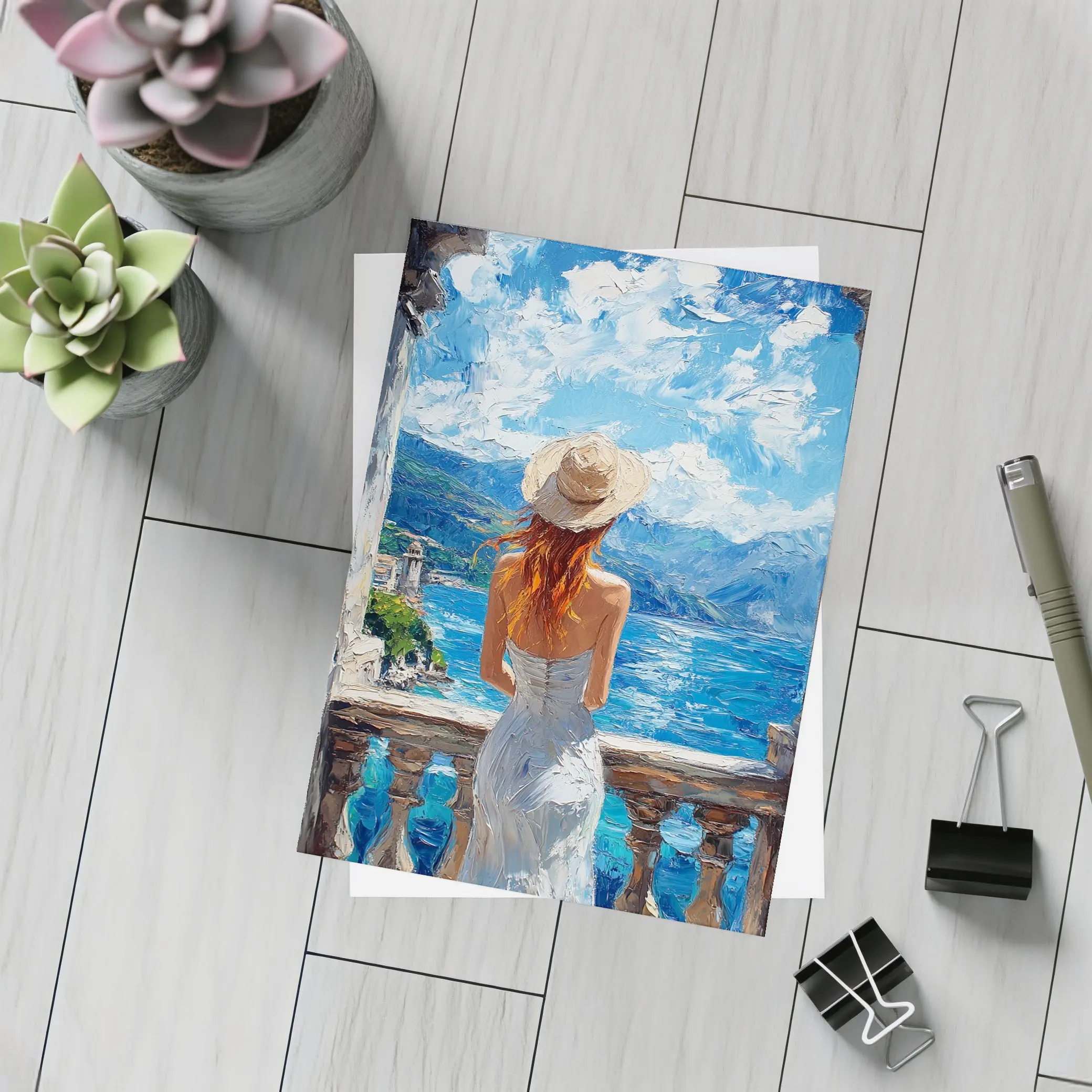 Woman On Balcony Mediterranean Sea Oil Painting – Postcards