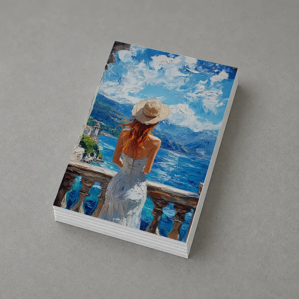 Woman On Balcony Mediterranean Sea Oil Painting – Postcards