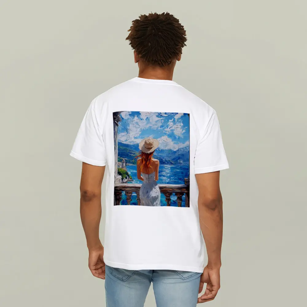 Woman On Balcony Mediterranean Sea Oil Painting – T-Shirts