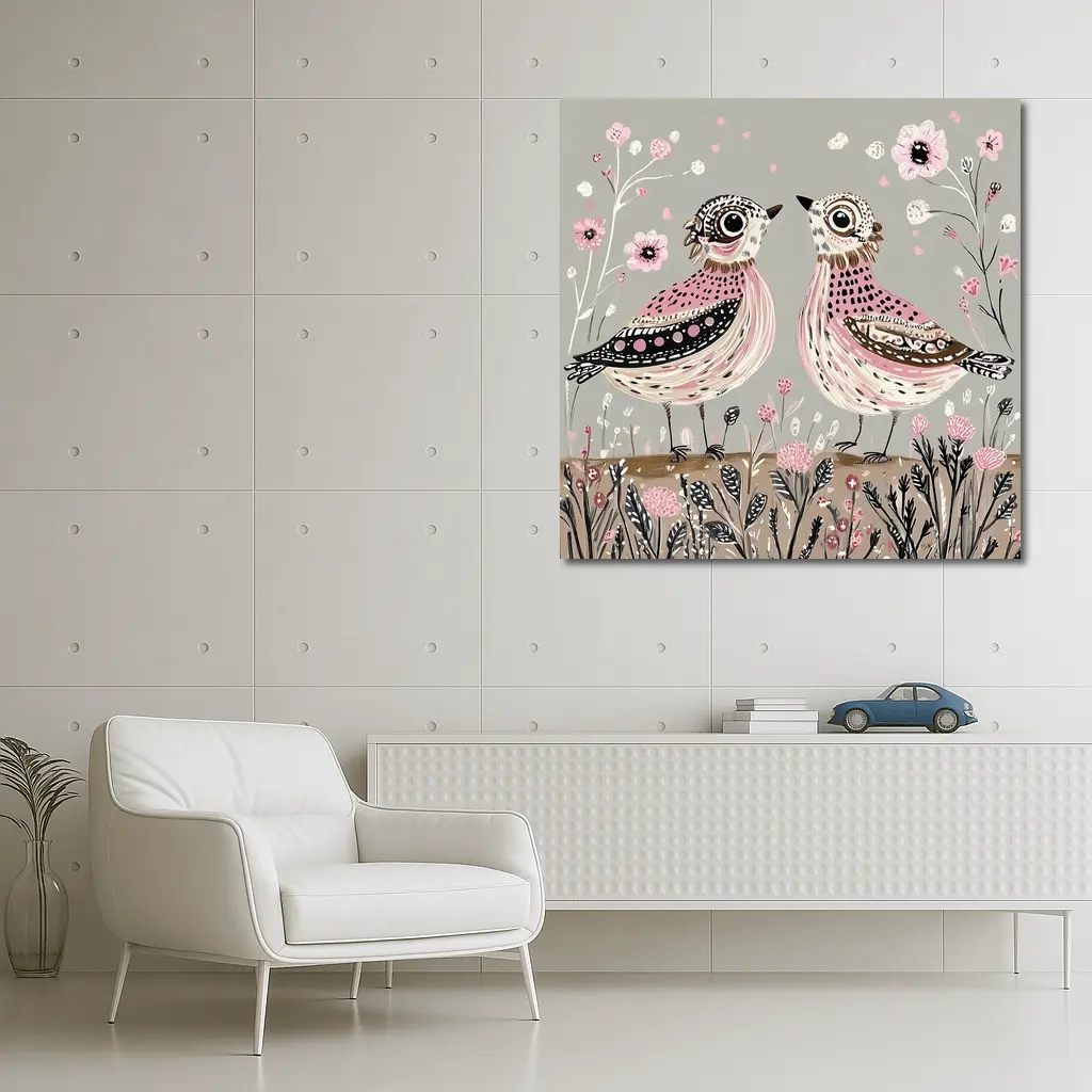 Two Folk Art Birds Pink Floral Garden – Wall Art