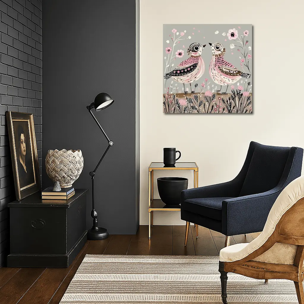 Two Folk Art Birds Pink Floral Garden – Wall Art