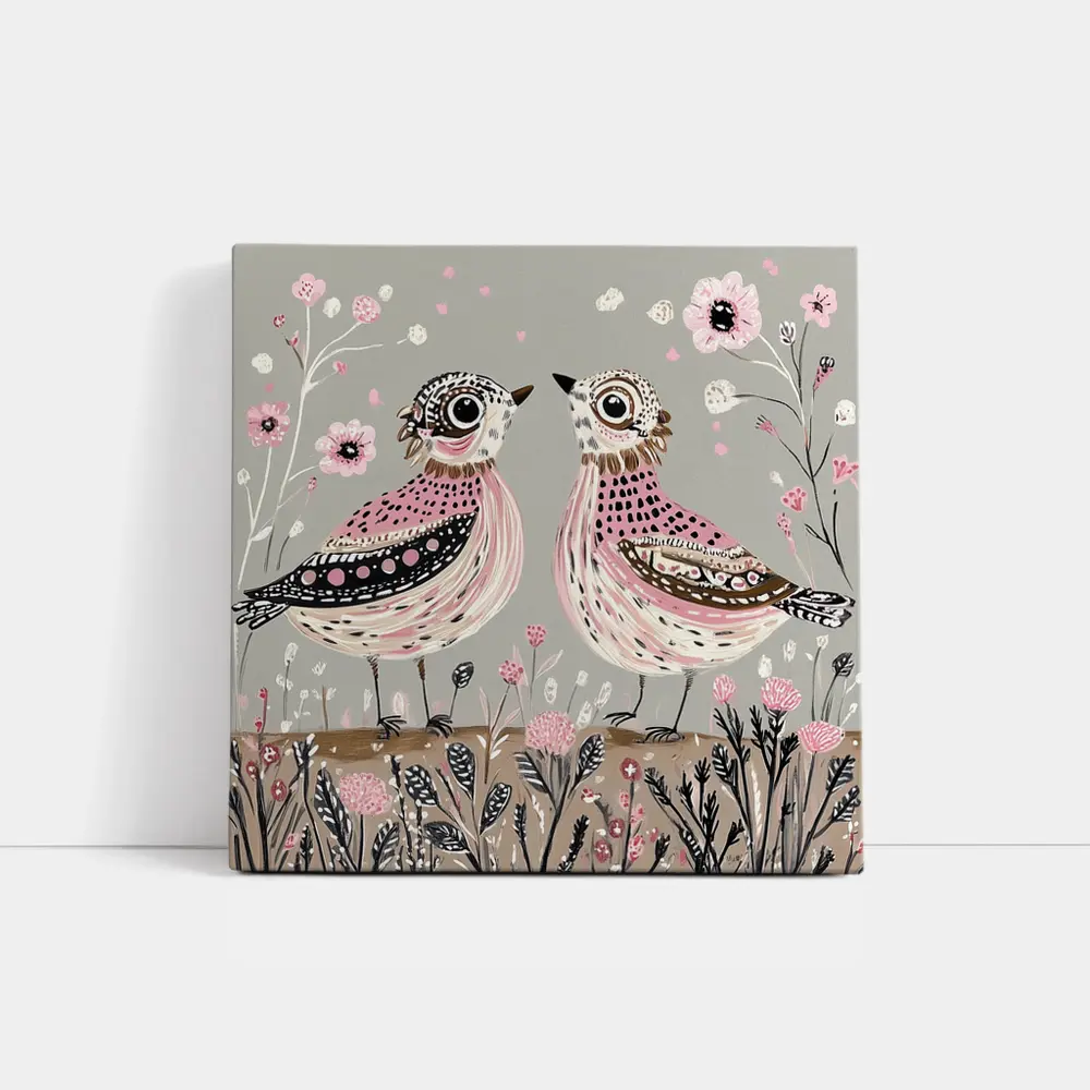 Two Folk Art Birds Pink Floral Garden – Wall Art