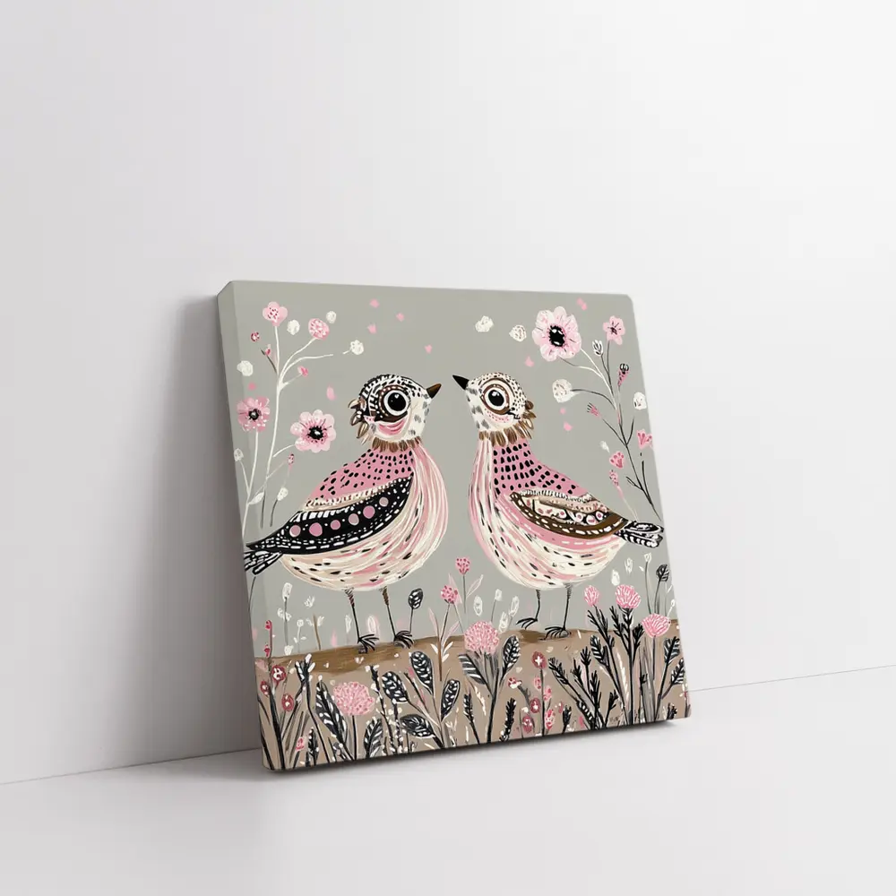 Two Folk Art Birds Pink Floral Garden – Wall Art